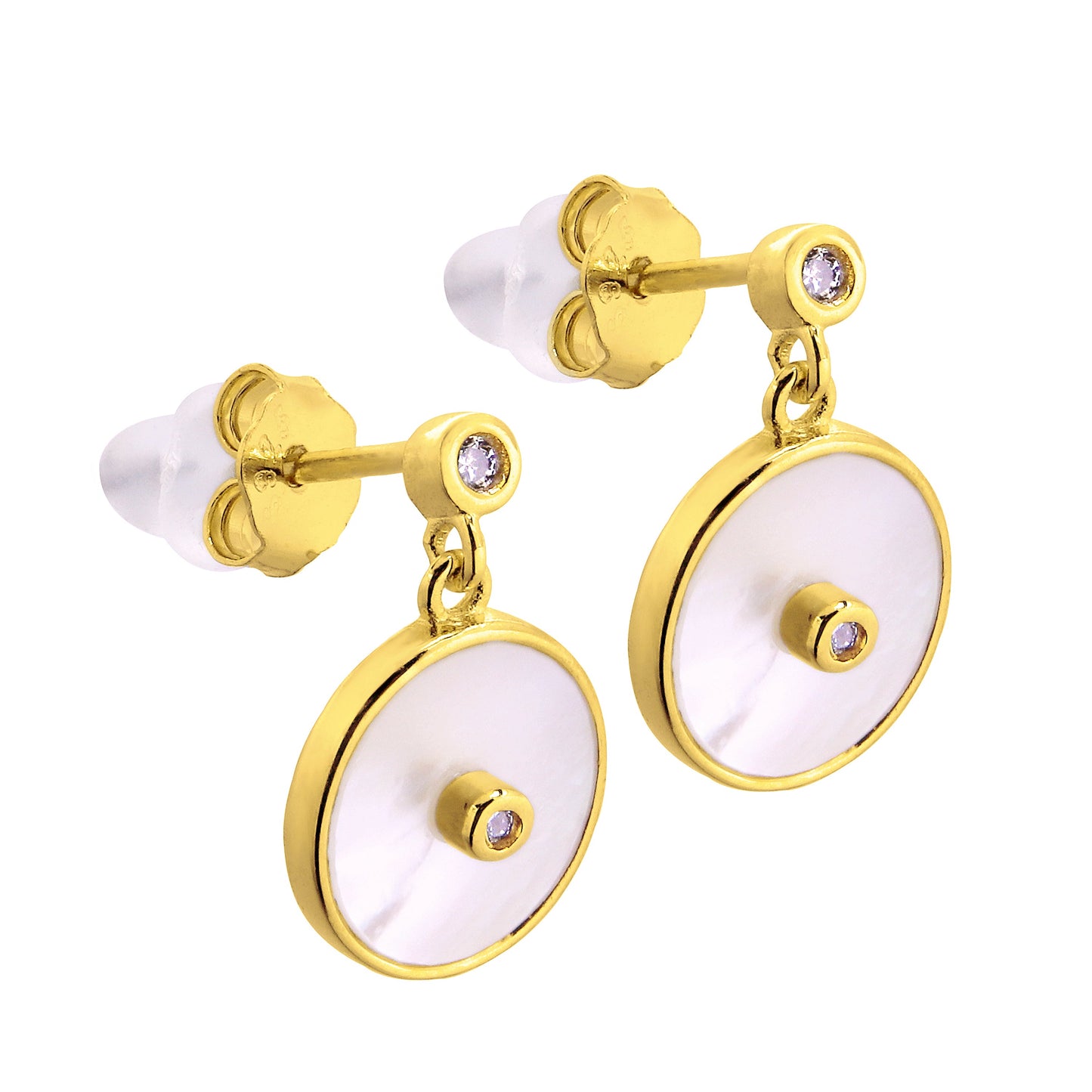 Boucles d'oreilles rondes en argent sterling plaqué or avec nacre et zircone cubique