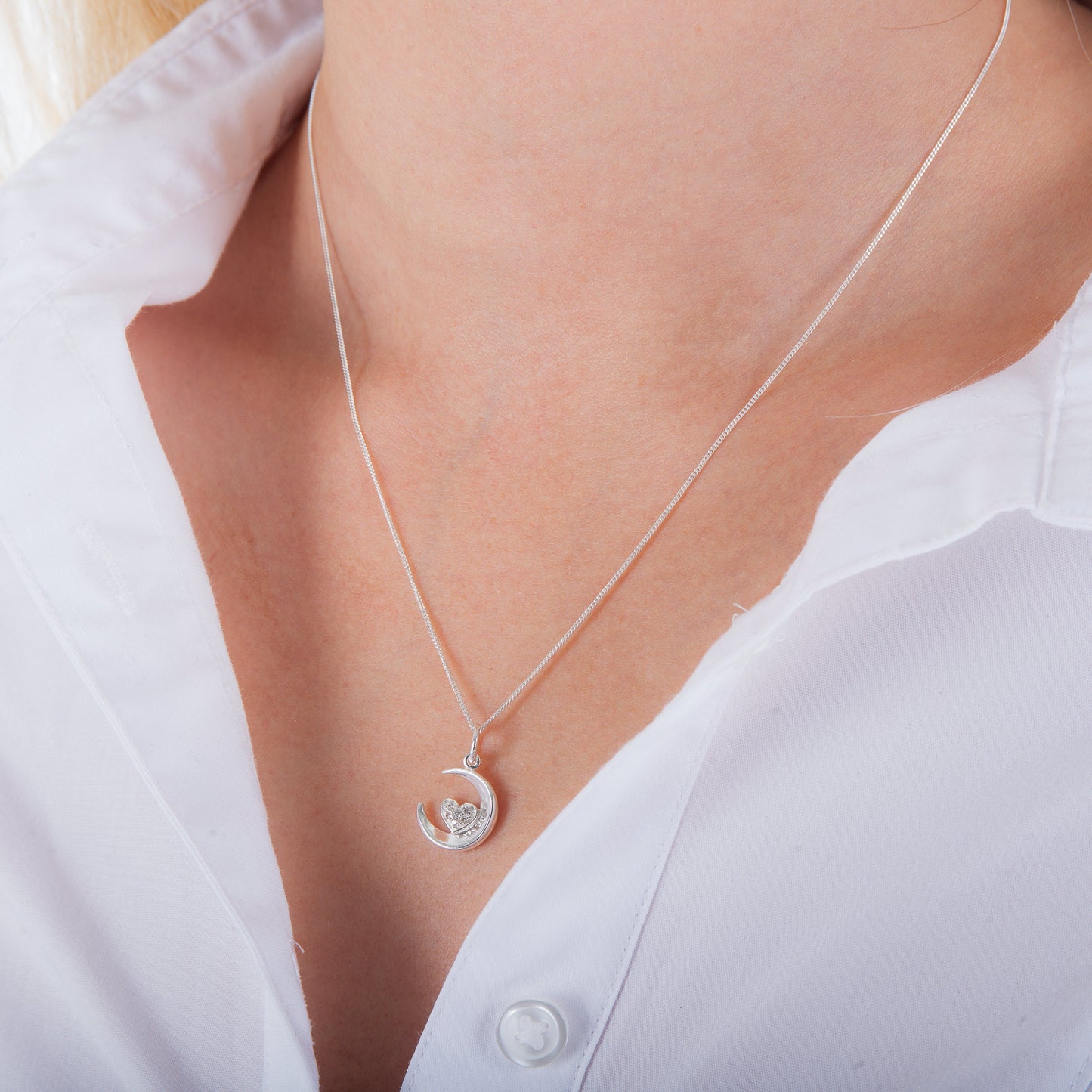 Collier croissant de lune et cœur en argent sterling et zircone cubique, 35 à 81 cm