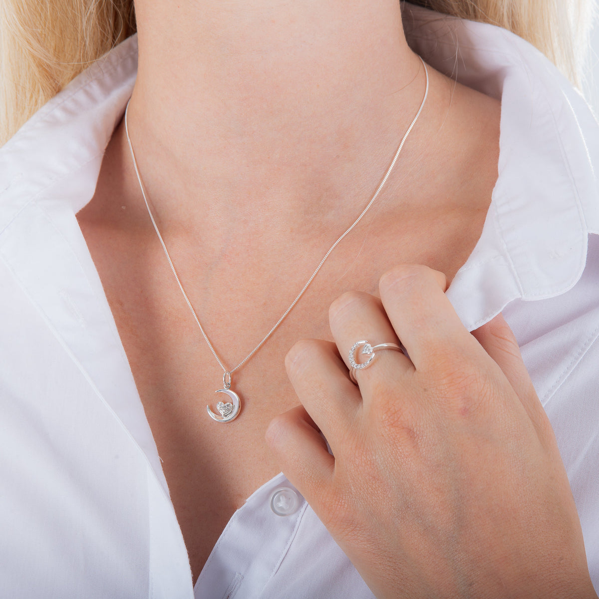 Collier croissant de lune et cœur en argent sterling et zircone cubique, 35 à 81 cm