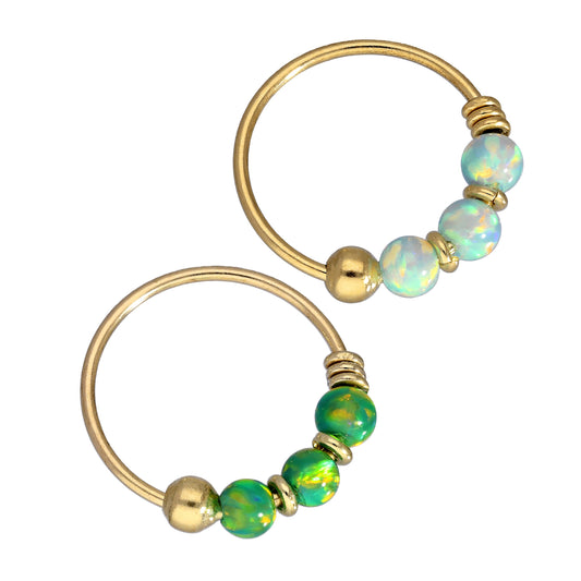 Ensemble d'anneaux de nez en or 9 carats avec opale verte et bleu clair, calibre 22