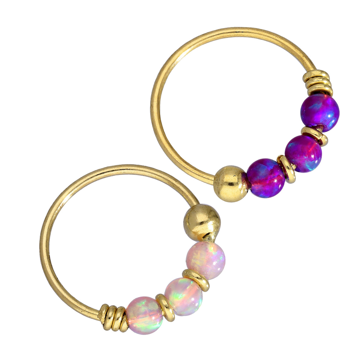 Ensemble d'anneaux de nez en or 9 carats avec opale rose et violette, calibre 22