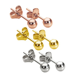 Ensemble de boucles d'oreilles à tige triples mixtes en or jaune, rose et blanc 9 carats, boules de 3 mm