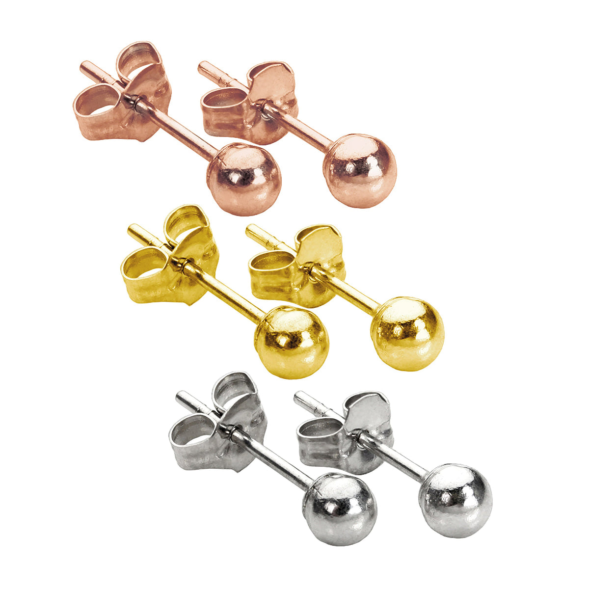 Ensemble de boucles d'oreilles à tige triples mixtes en or jaune, rose et blanc 9 carats, boules de 3 mm