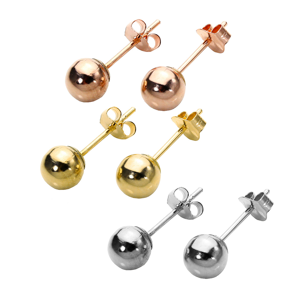 Ensemble de boucles d'oreilles à tige triples mixtes en or jaune, rose et blanc 9 carats, 5 mm