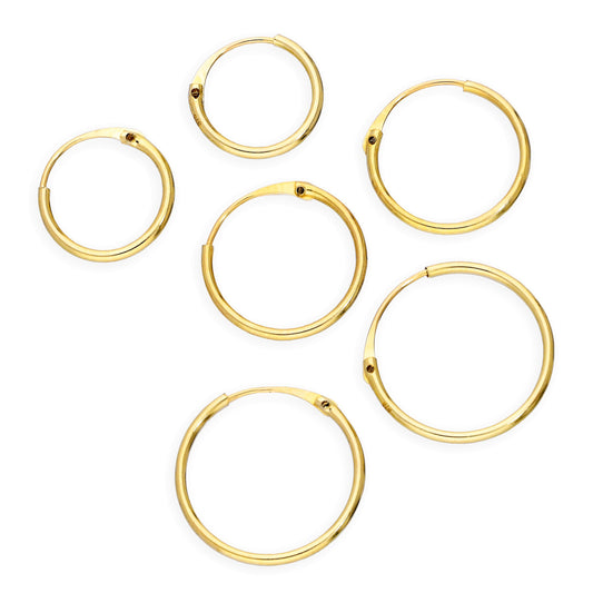 Ensemble de boucles d'oreilles créoles triples en or 9 carats de 0,8 mm, 8, 10 et 12 mm