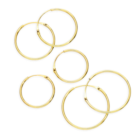 Ensemble de boucles d'oreilles créoles triples en or 9 carats de 0,8 mm, 12, 14 et 16 mm