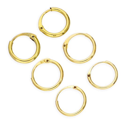 Ensemble de boucles d'oreilles créoles triples en or 9 carats de 0,8 mm, 1 mm et 1,2 mm, 8 mm