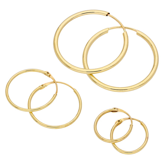 Ensemble de boucles d'oreilles créoles triples en or 9 carats, 10, 14 et 20 mm