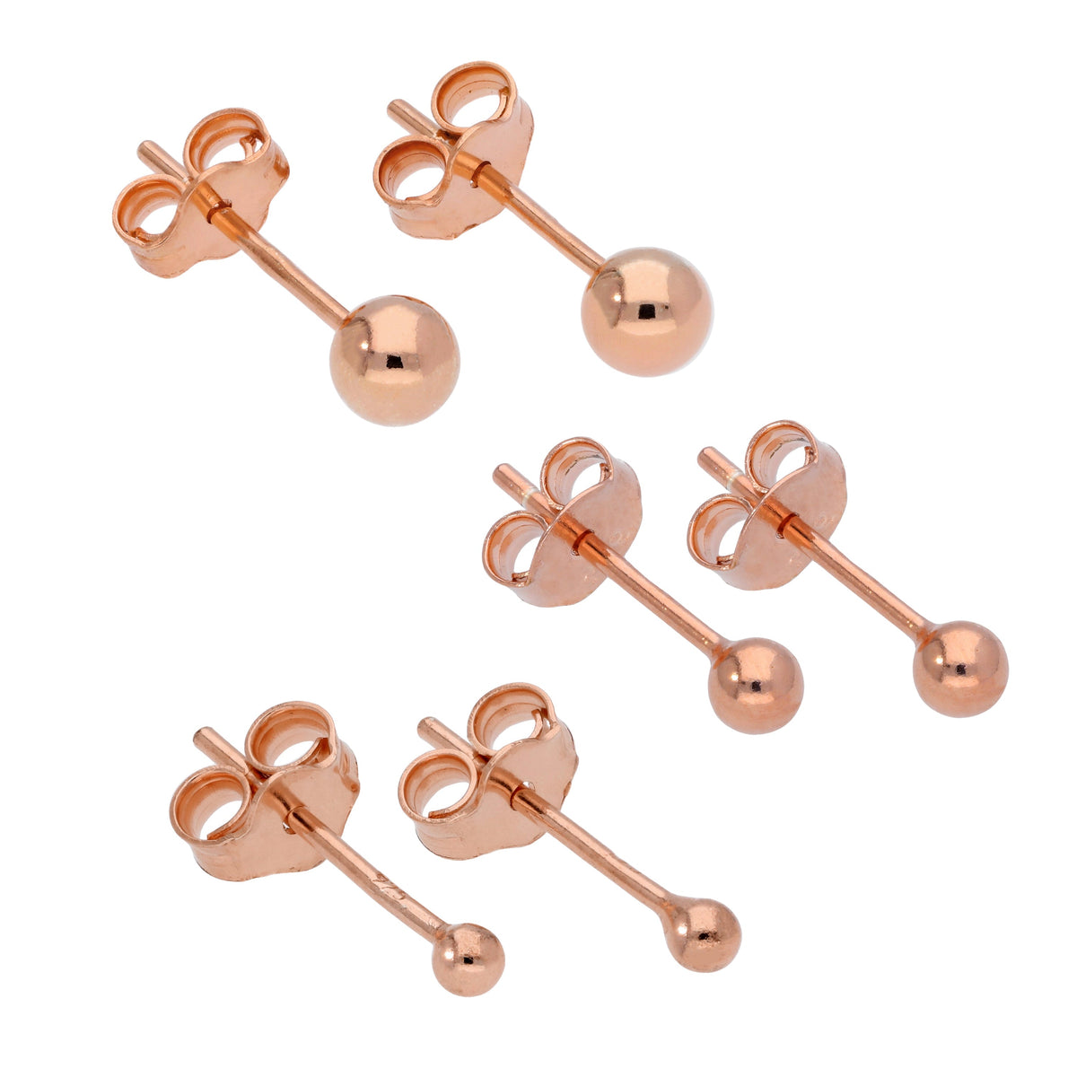 Boucles d'oreilles à tige en argent sterling plaqué or rose avec boules de 2, 3 et 4 mm