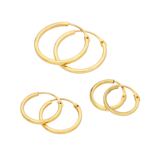 Ensemble de boucles d'oreilles créoles triples carrées en or 9 carats de 1 mm, 10, 12 et 14 mm