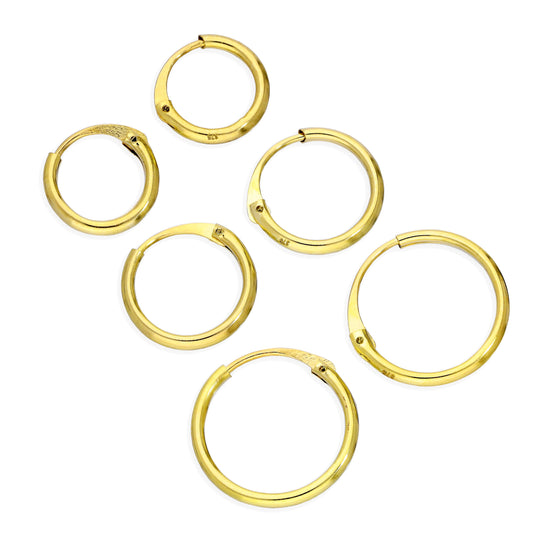 Ensemble de boucles d'oreilles créoles triples en or 9 carats de 1,2 mm, 8, 10 et 12 mm