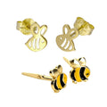 Ensemble de boucles d'oreilles à tige en or 9 carats pour enfants, motif abeilles découpées et émaillées