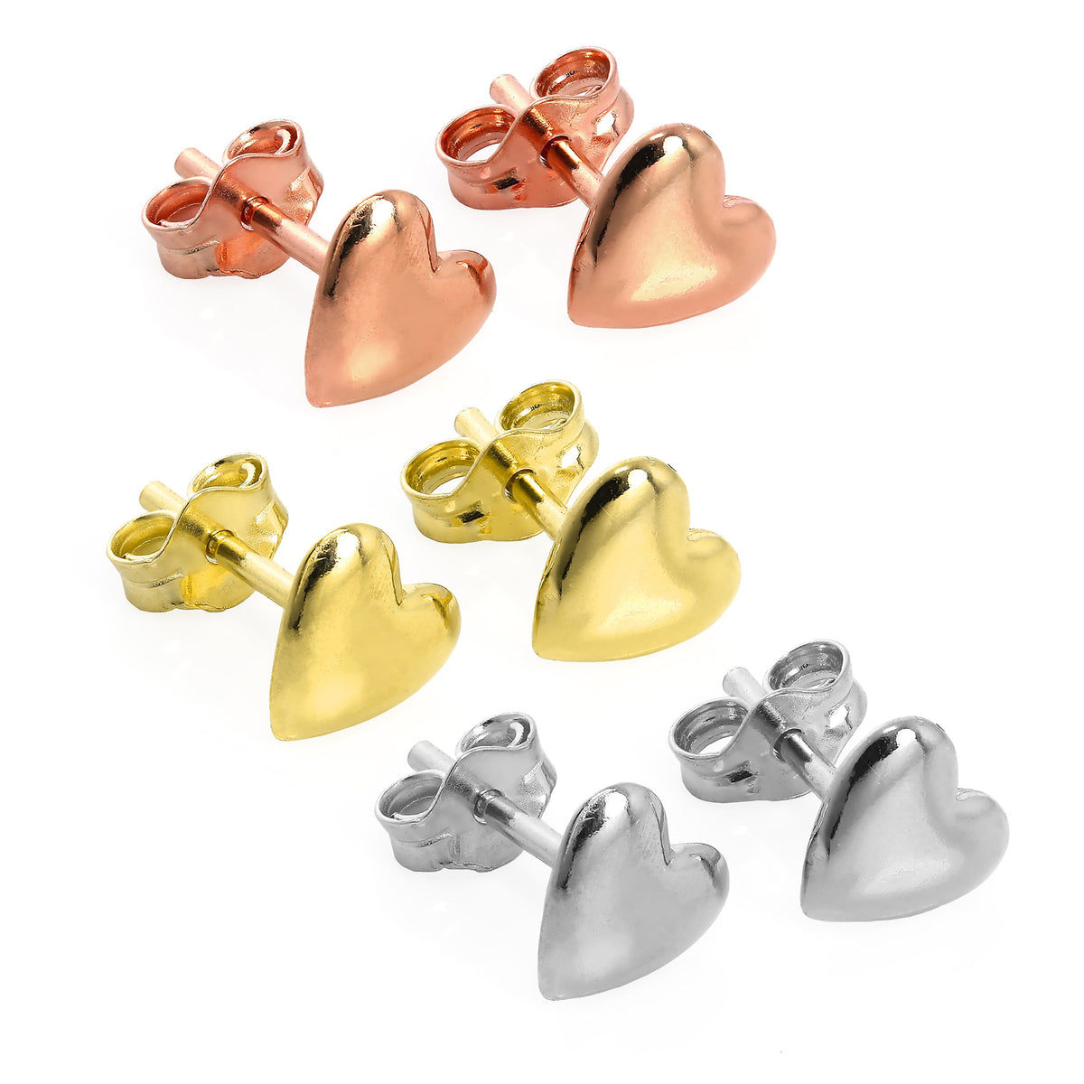 Boucles d'oreilles à tige en argent sterling plaqué or mixte en forme de cœur - Lot de 3