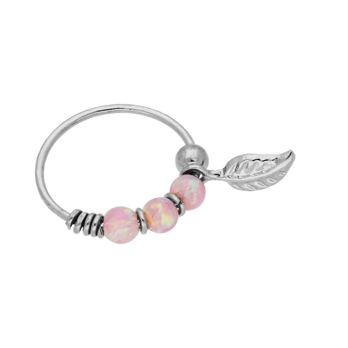 Anneau de nez en or blanc 9 carats avec pierres d'opale rose et feuille de 10 mm