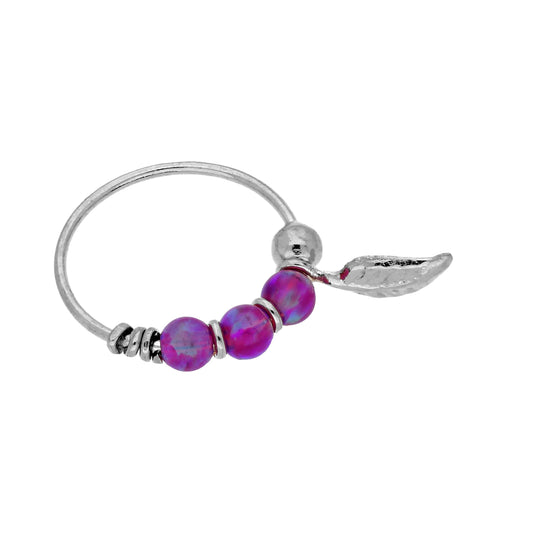 Anneau de nez en or blanc 9 carats avec pierres d'opale violette et feuille de 10 mm