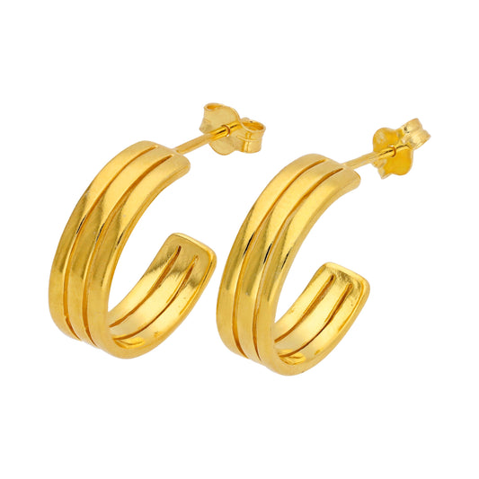 Boucles d'oreilles à tige triple ligne en argent sterling plaqué or 16 mm