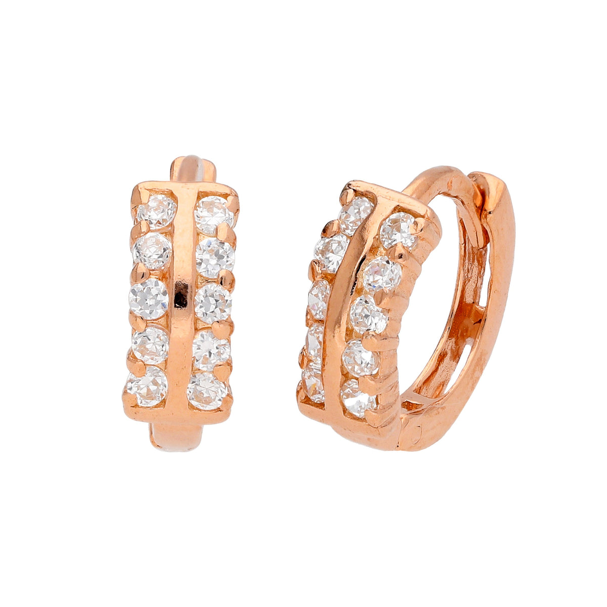 Boucles d'oreilles à charnière en argent sterling plaqué or rose avec double zircone cubique