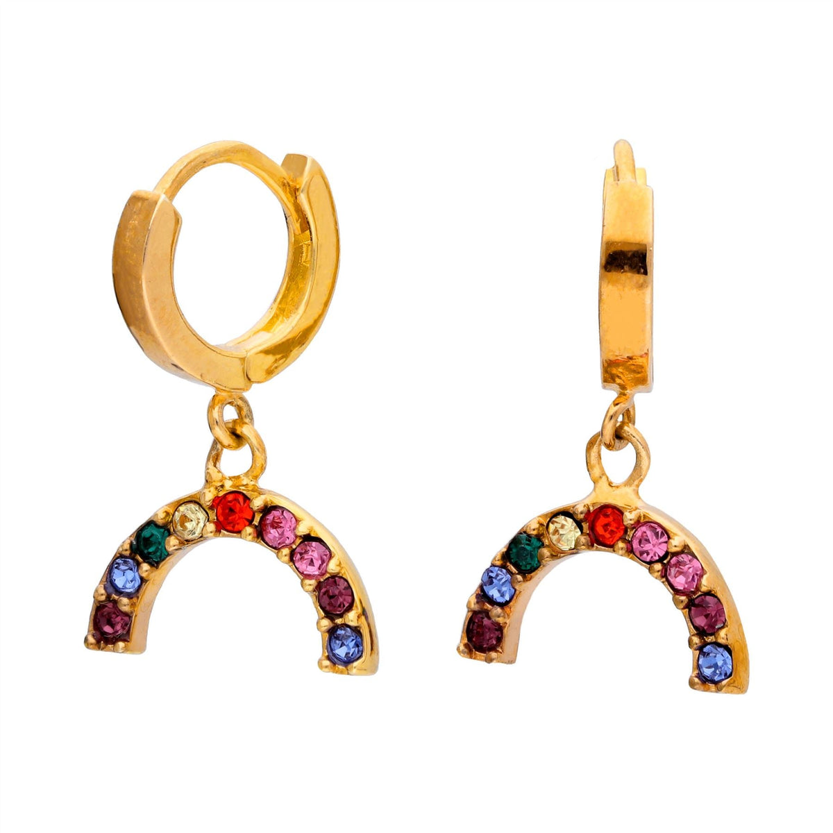 Boucles d'oreilles créoles en argent sterling plaqué or avec zircones cubiques arc-en-ciel