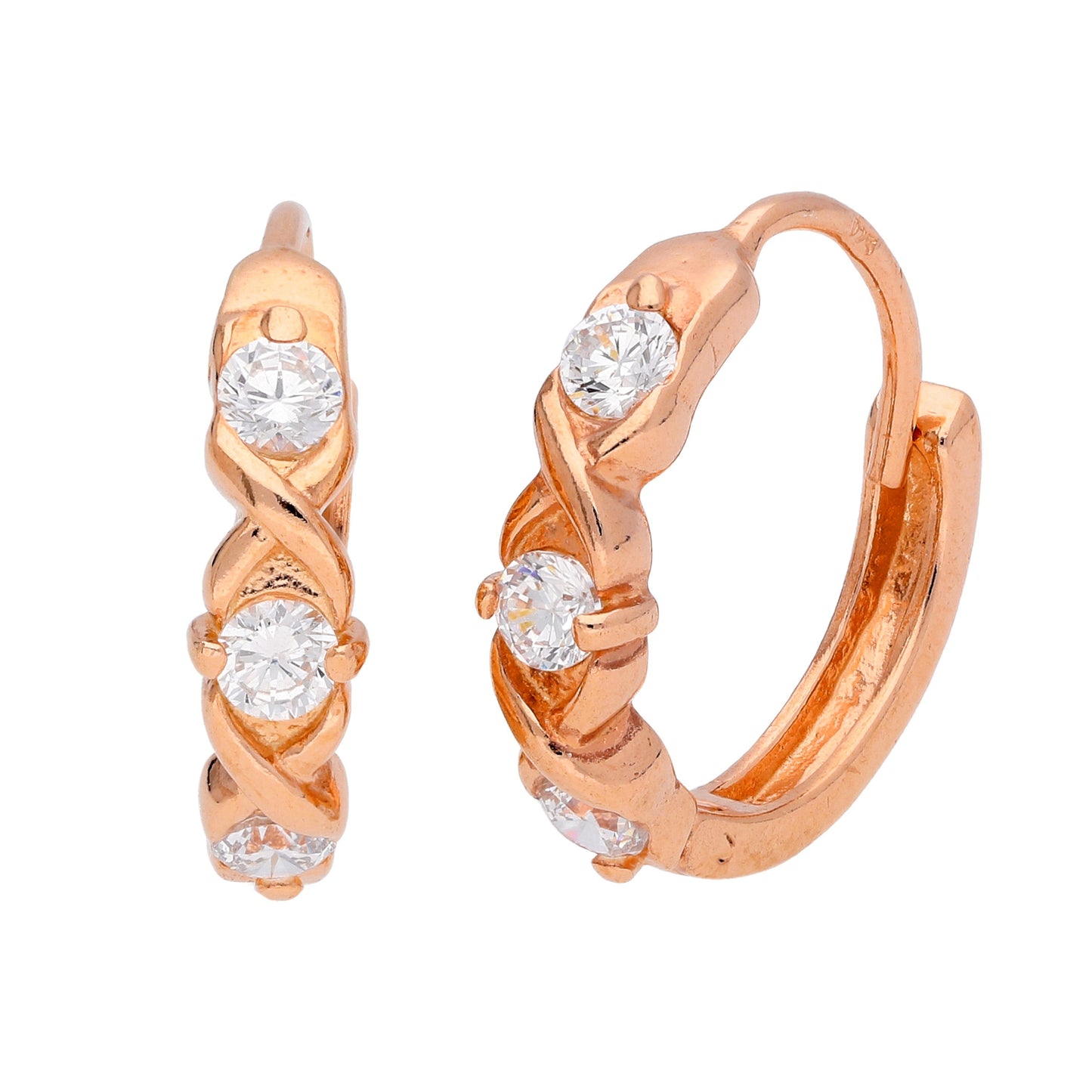 Boucles d'oreilles Huggie en argent sterling plaqué or rose avec triple zircone cubique