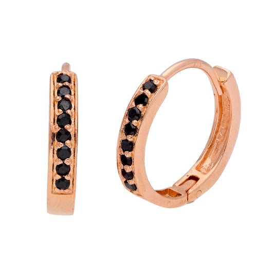 Boucles d'oreilles Huggie en argent sterling plaqué or rose et zircones noires