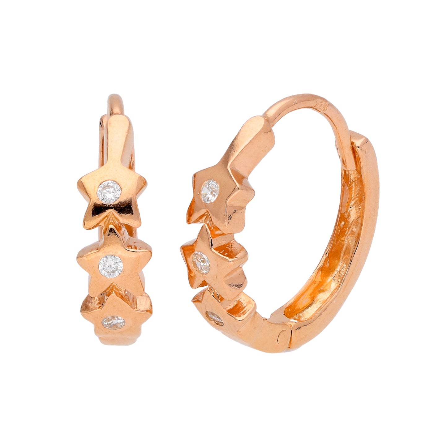 Boucles d'oreilles créoles triple étoile en argent sterling plaqué or rose et zircones cubiques