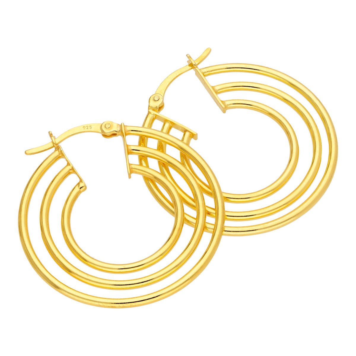 Boucles d'oreilles créoles triple cercle en argent sterling plaqué or
