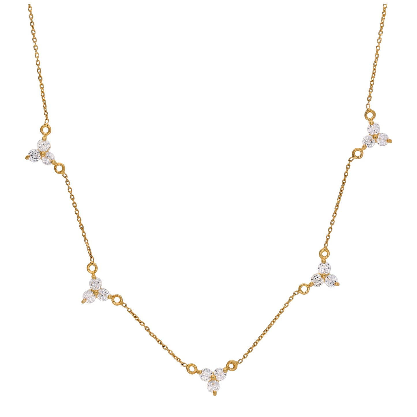 Collier en argent sterling plaqué or avec plusieurs trios de zircones cubiques