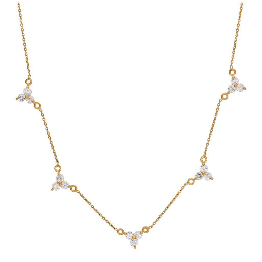 Collier en argent sterling plaqué or avec plusieurs trios de zircones cubiques
