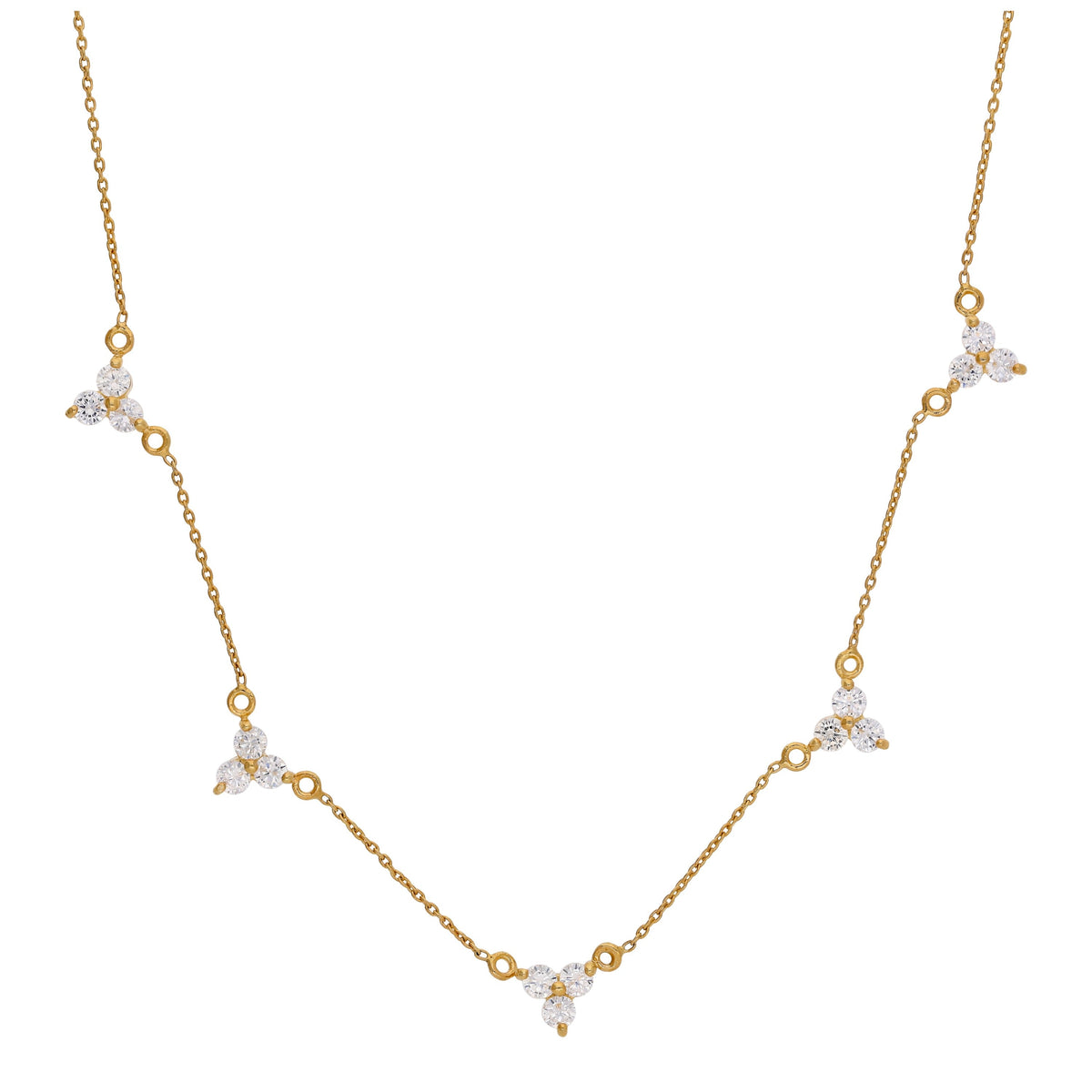 Collier en argent sterling plaqué or avec plusieurs trios de zircones cubiques