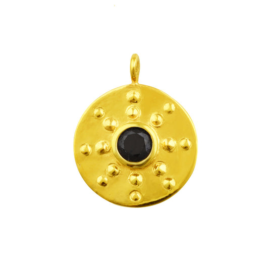 Breloque médaillon en argent sterling plaqué or avec disque en zircone cubique noire
