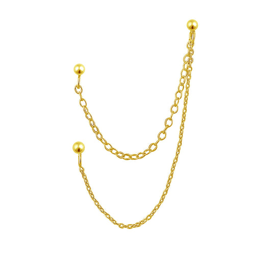 Boucles d'oreilles à tige triple boule en argent sterling plaqué or à double chaîne