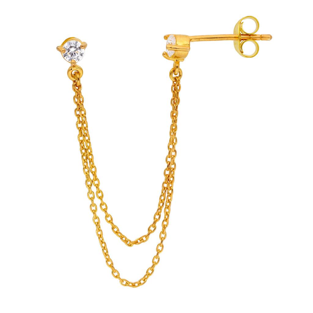 Boucles d'oreilles à tige en argent sterling plaqué or avec double chaîne et zircones cubiques