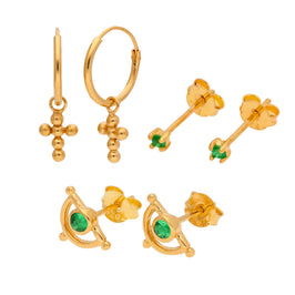 Ensemble de boucles d'oreilles triple plaqué or en argent sterling avec émeraude et zircone cubique