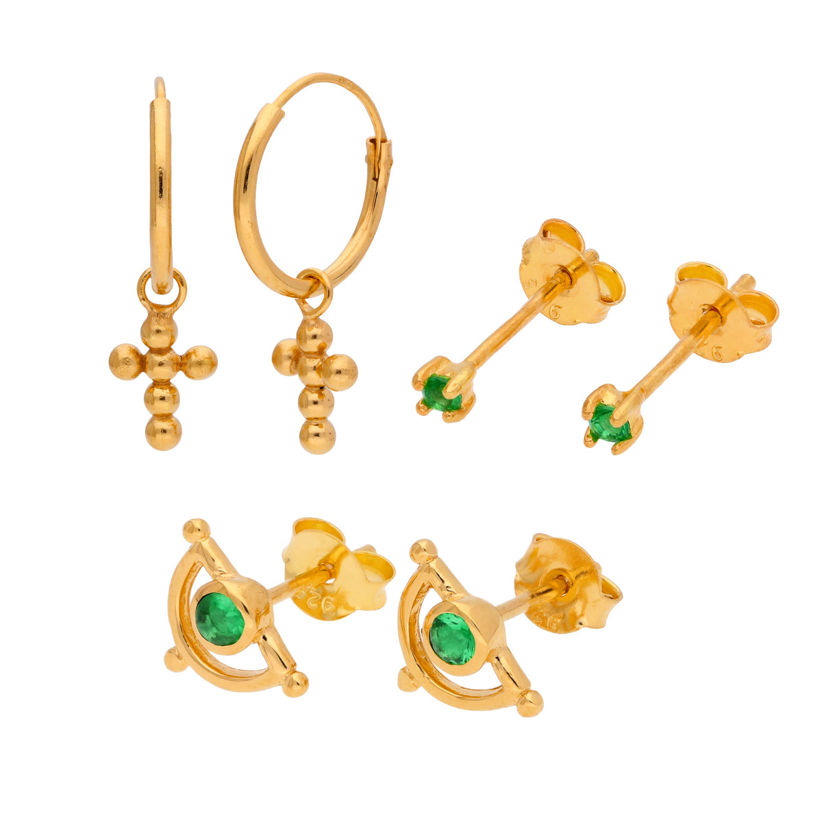 Ensemble de boucles d'oreilles triple plaqué or en argent sterling avec émeraude et zircone cubique