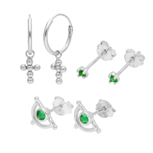 Ensemble de boucles d'oreilles créoles et clous triples en argent sterling et émeraude CZ