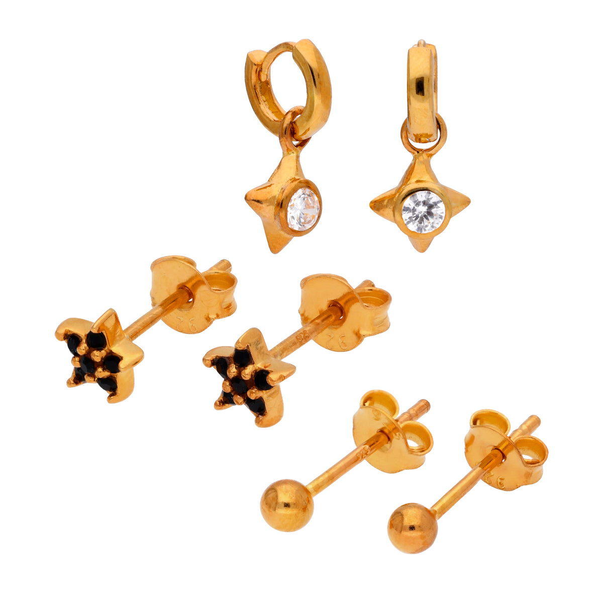 Ensemble de boucles d'oreilles triple étoile en argent sterling plaqué or et zircones cubiques