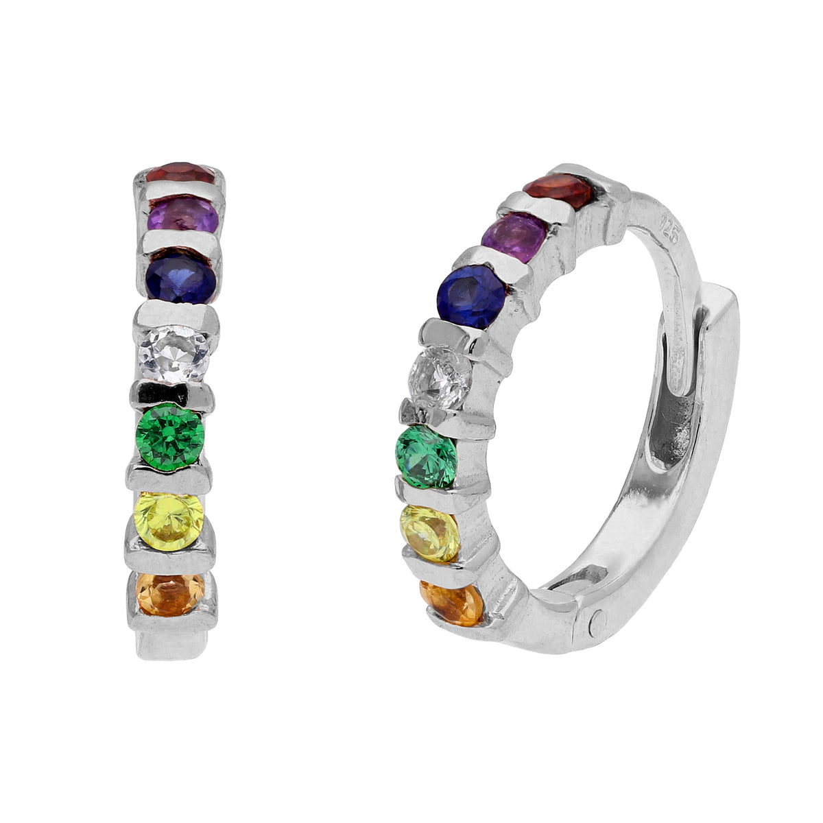 Boucles d'oreilles créoles en argent sterling avec barre en zircone cubique arc-en-ciel de 15 mm