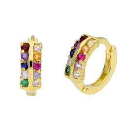 Boucles d'oreilles Huggie en argent sterling plaqué or avec zircones cubiques arc-en-ciel de 13 mm