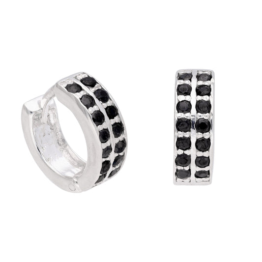 Boucles d'oreilles créoles Huggie 12 mm en argent sterling avec zircones cubiques noirs