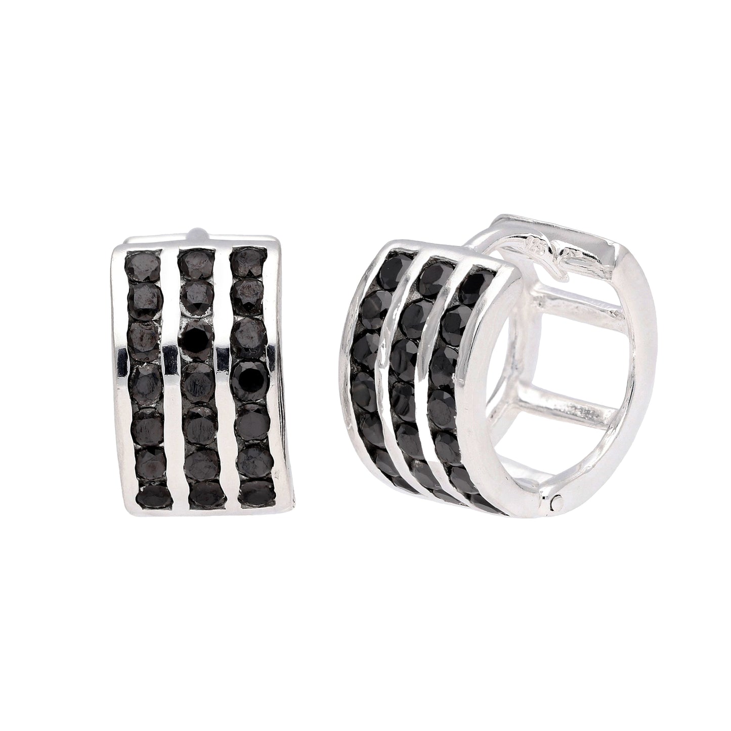 Boucles d'oreilles Huggie en argent sterling avec triple zircone noire de 13 mm