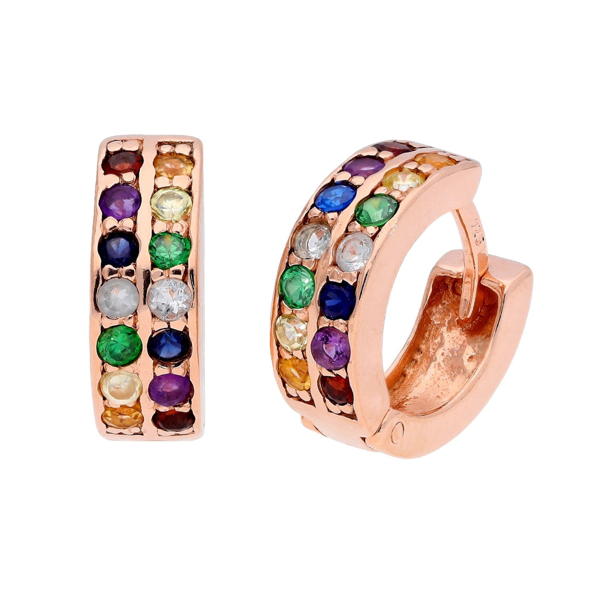 Boucles d'oreilles Huggie en argent sterling plaqué or rose avec zircones cubiques arc-en-ciel de 13 mm