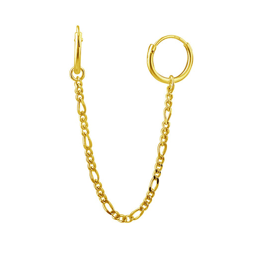 Boucles d'oreilles créoles doubles en argent sterling plaqué or avec chaîne Figaro
