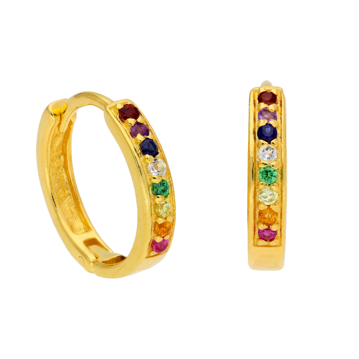Boucles d'oreilles créoles en argent sterling plaqué or avec zircones cubiques arc-en-ciel de 15 mm