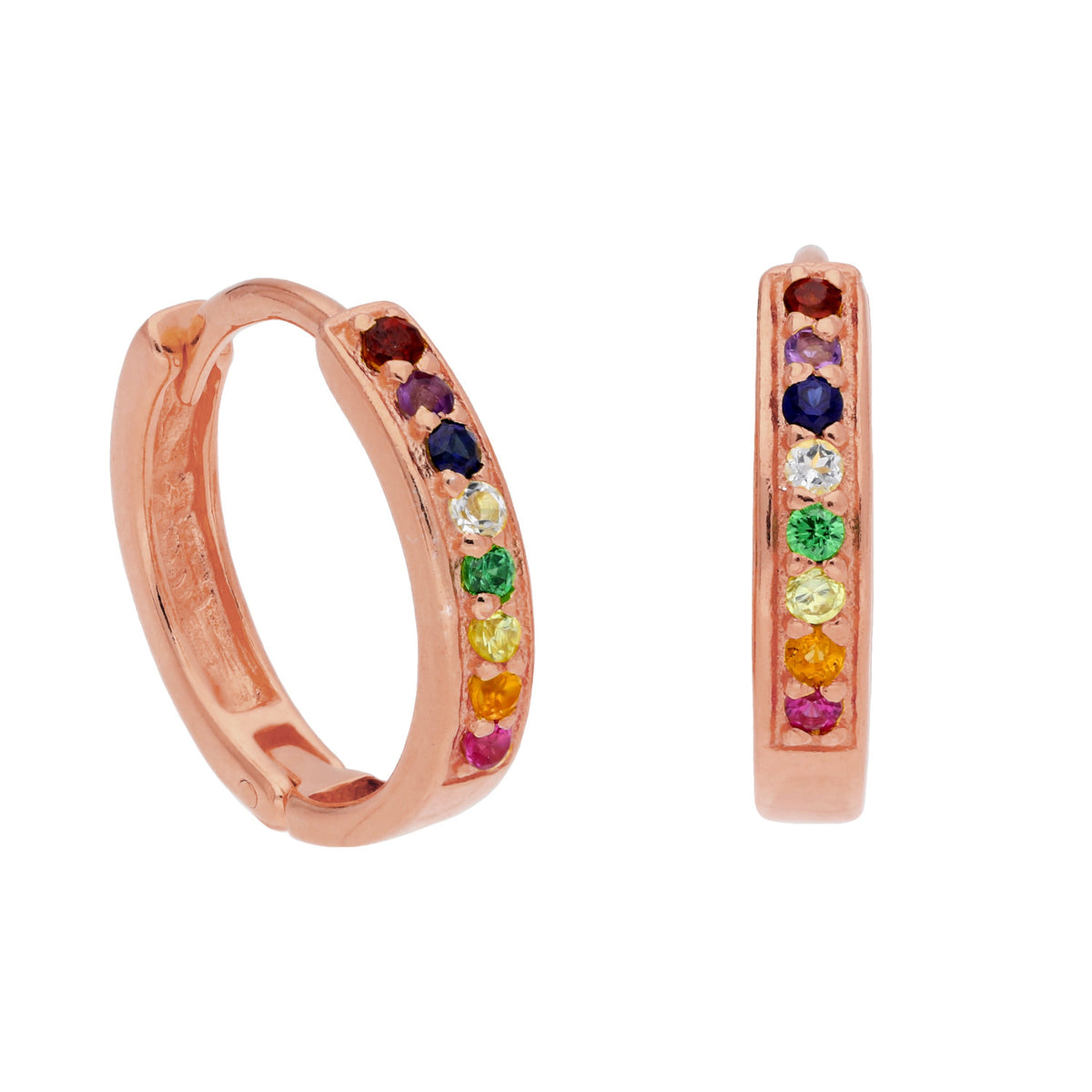 Boucles d'oreilles créoles en argent sterling plaqué or rose avec zircones cubiques arc-en-ciel de 15 mm