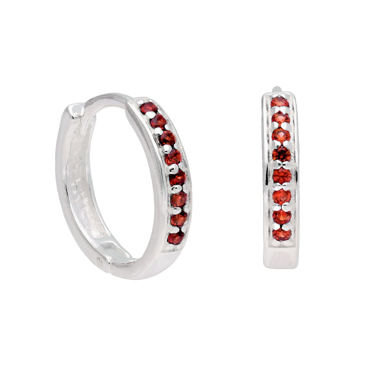 Boucles d'oreilles créoles en argent sterling avec grenat et zircones cubiques pavées de 15 mm
