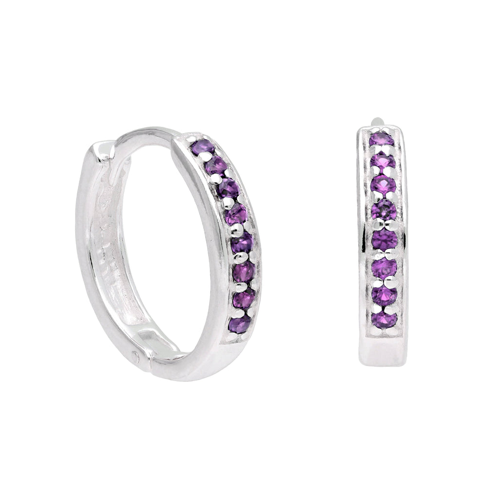 Boucles d'oreilles créoles en argent sterling avec améthyste et zircone cubique pavées de 15 mm