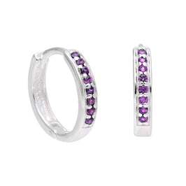 Boucles d'oreilles créoles en argent sterling avec améthyste et zircone cubique pavées de 15 mm