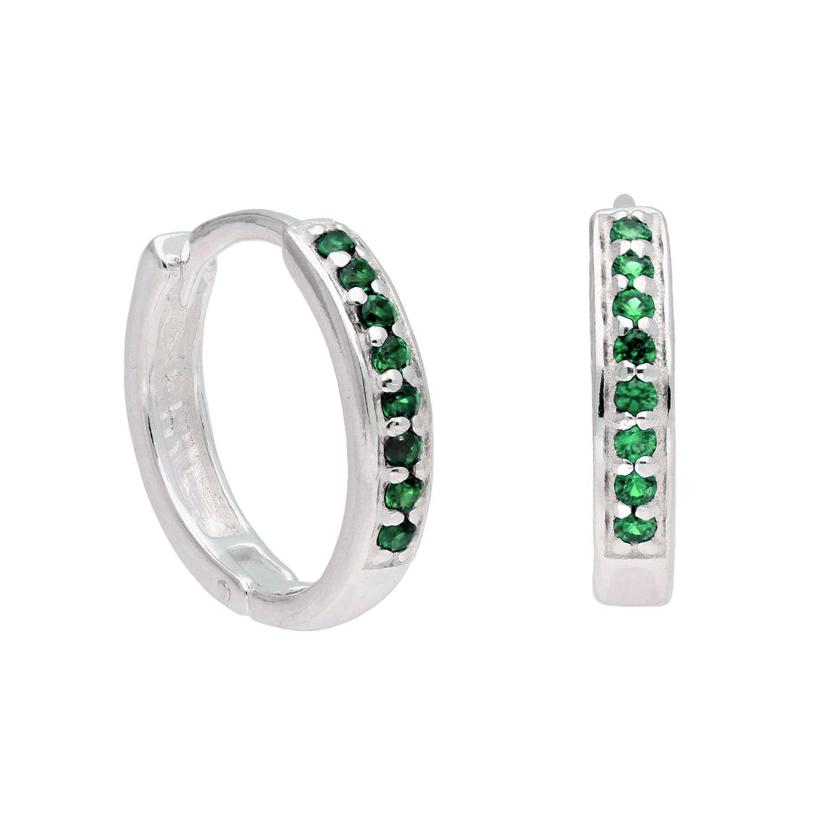 Boucles d'oreilles créoles en argent sterling avec émeraude et zircone cubique pavées de 15 mm