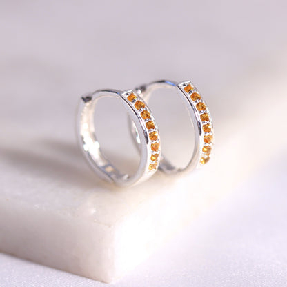 Boucles d'oreilles créoles en argent sterling avec citrine et zircone cubique pavées de 15 mm