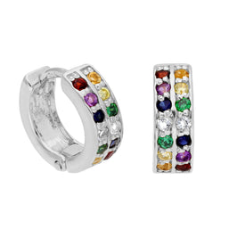 Boucles d'oreilles créoles en argent sterling à double canal et zircones cubiques arc-en-ciel de 12 mm